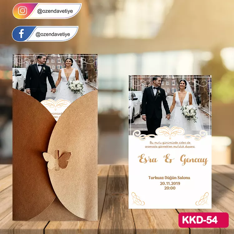 ozen-davetiye-Düğün Davetiyesi - Kelebekli Kraft Zarflı Davetiye Model No:54